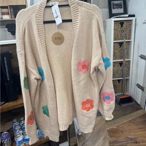 BiBi Women's Beige Cardigan with Colorful Floral Accents